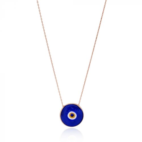Colar Rústico De Olho Grego Azul Royal Esmaltado Prata 925 Rosé