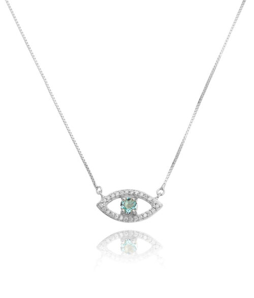 Colar Evil Eye Agua Marinha Cravejado Zirconias Prata 925