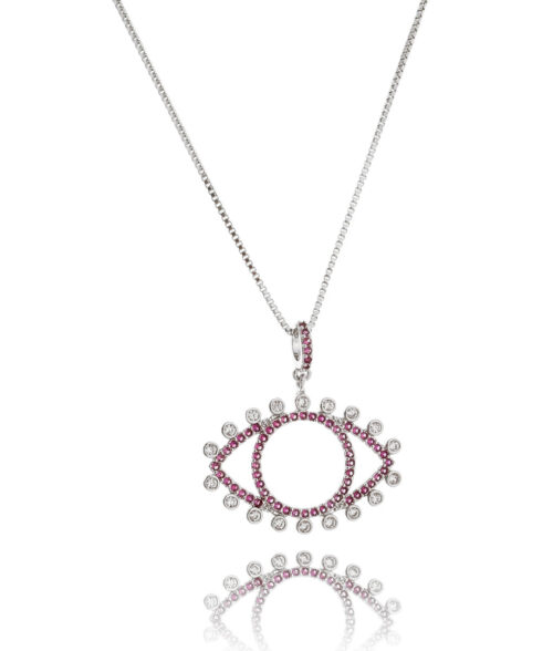 Colar De Olho Grego Estilo Joia Zirconias Brancas E Rubis Rodio Branco