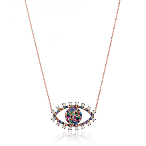 Colar De Olho Grego Colorido Rainbow Prata 925 Rosé