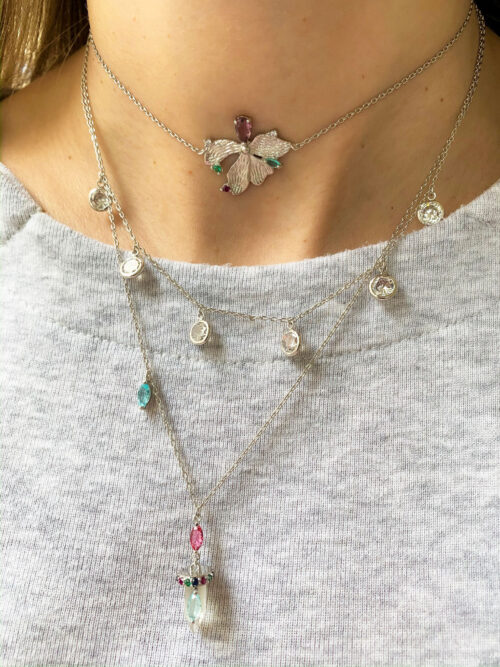 Choker Meia Flor Fosca Com Pedras Coloridas Rodio Semi Joia - Image 3