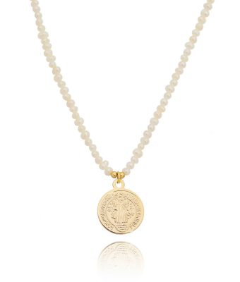 Gargantilha De Perolinhas Shell Com Medalha São Bento Prata 925 Banho Ouro