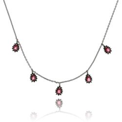 Colar Semi Joia Rodio Negro De Gotinhas Fixas Rubis E Pretas