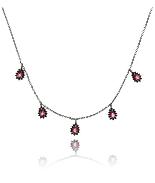 Colar Semi Joia Rodio Negro De Gotinhas Fixas Rubis E Pretas
