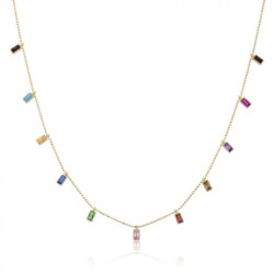 Colar Plaquinhas Coloridas Cravejadas Em Zirconias Prata 925 Banho Ouro