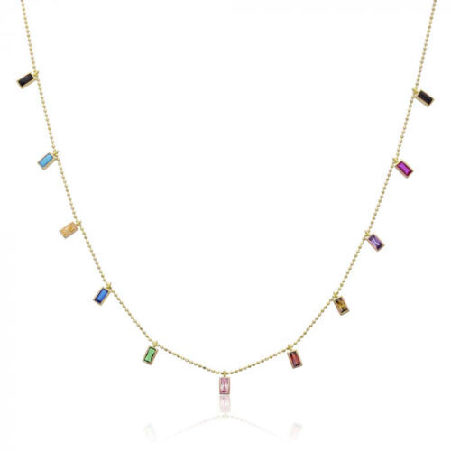 Colar Plaquinhas Coloridas Cravejadas Em Zirconias Prata 925 Banho Ouro