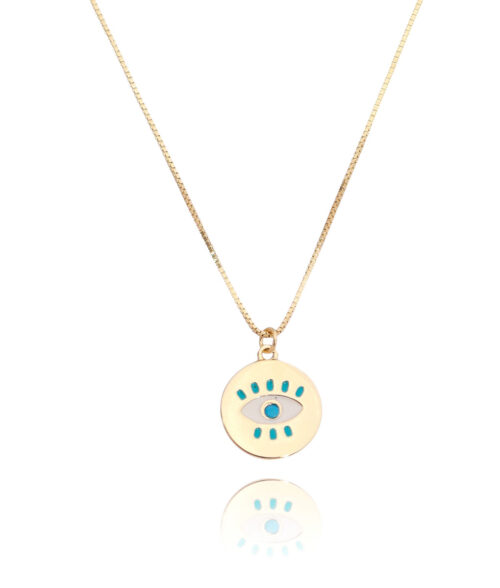 Colar Moeda De Olho Grego Esmaltada Turquesa E Zirconias Prata 925 Banho Ouro