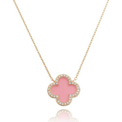 Colar De Trevo Esmaltado Rosa E Cravejado Banho Ouro 18K