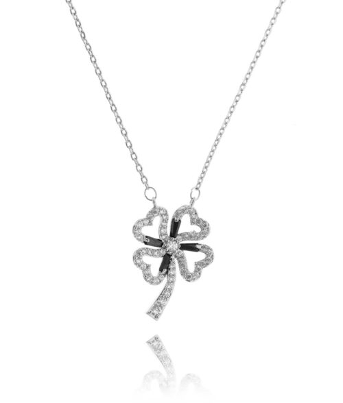 Colar De Trevo Prata Cravejado De Zirconias Brancas Semi Joias De Luxo