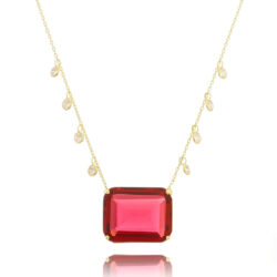Colar Pingente Retangular Grande Rubelita Dourado Zirconias Na Corrente Semi Joia Fina