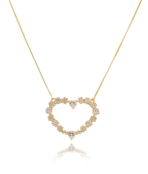 Colar Dourado De Coração Delicado Zirconias Brancas Joias Finas