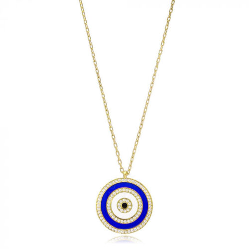 Colar Olho Grego Esmaltado Azul E Branco Cravejado Zirconias Prata 925 Banho Ouro