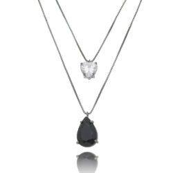 Colar Duplo De Gota E Coração Preto E Branco Rodio Negro Semi Joia