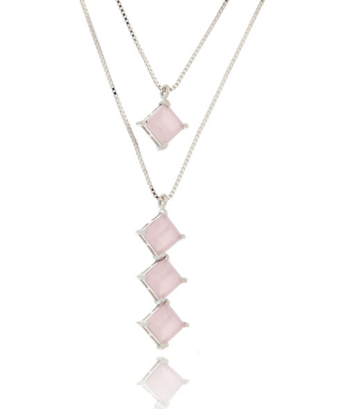 Colar Moderno Quadrados Quartzo Rosa Rodio Semi Joia Fina
