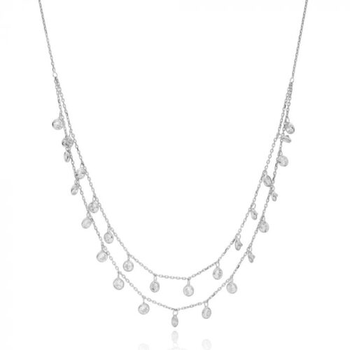 Colar Duplo Prata 925 Com Diversas Zirconias Brancas
