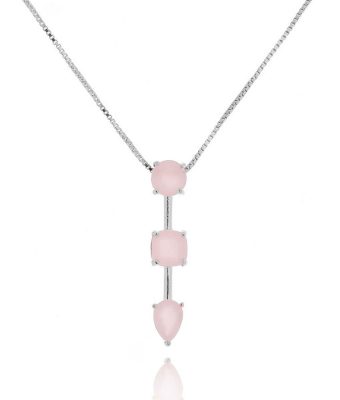 Colar Tres Formas Geometricas Rodio Com Zirconias Rosa Quartzo