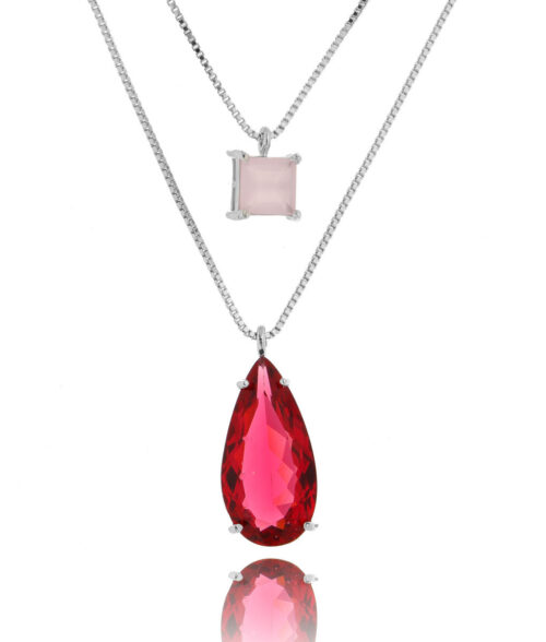 Colar Duplo Gota Alongada Rubelita E Quadradinho Rosa Quartzo
