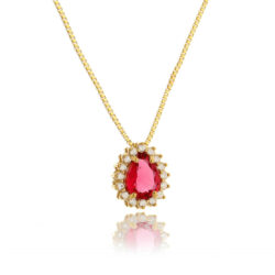 Colar Dourado Semi Joia De Gota Rubelita Brilhante Cravejado
