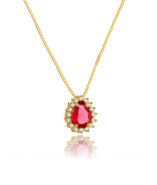 Colar Dourado Semi Joia De Gota Rubelita Brilhante Cravejado