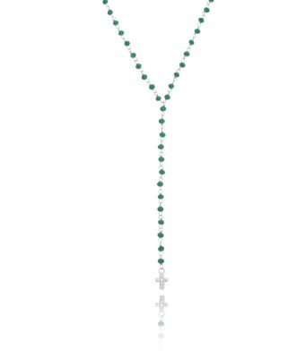 Gargantilha Gravatinha Estilo Terço De Cristais Esmeraldas E Mini Cruz Zirconia Rodio