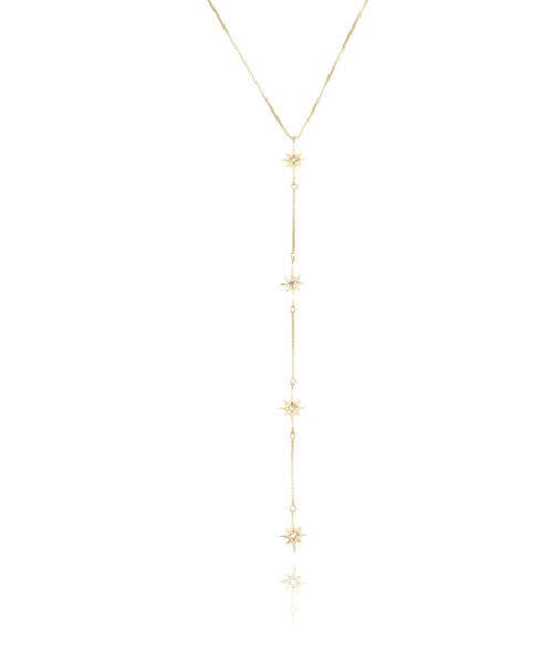 Colar gravatinha delicada de estrelinhas zirconias prata 925 banho ouro