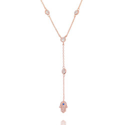 Colar Gravatinha 4 Zirconias Com Pingente De Hamsa Rosé