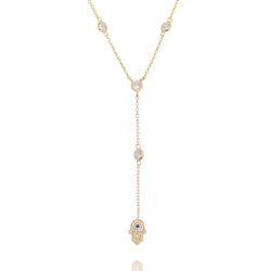 Colar Gravatinha 4 Zirconias Com Pingente De Hamsa Dourado