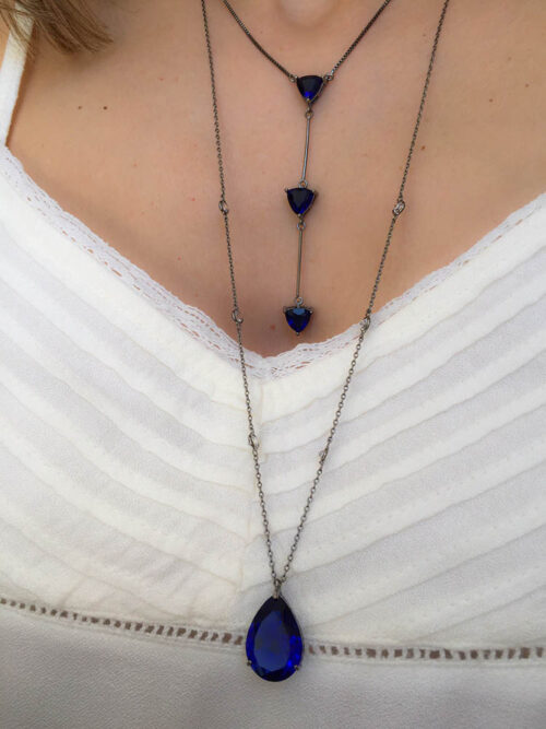 Colar De Gota Azul Com Corrente Longa Tiffany Rodio Negro - Image 2