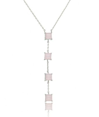 Colar Gravata Quartzo Rosa Prata Semi Joia Da Moda Exclusiva