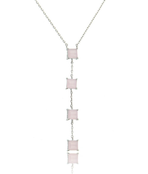 Colar Gravata Quartzo Rosa Prata Semi Joia Da Moda Exclusiva