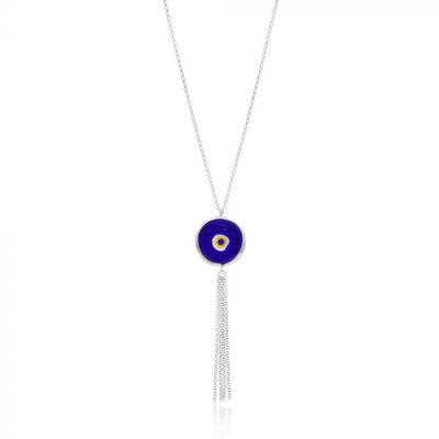 Colar Longo De Olho Grego Rustico Com Tassel De Franjas Prata 925
