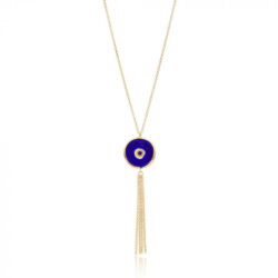 Colar Longo De Olho Grego Rustico Com Tassel De Franjas Prata 925 Banho Ouro 18K