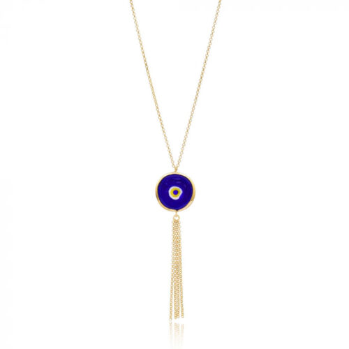 Colar Longo De Olho Grego Rustico Com Tassel De Franjas Prata 925 Banho Ouro 18K