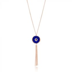 Colar Longo De Olho Grego Rustico Com Tassel De Franjas Prata 925 Rosé