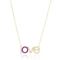 Colar Love Cravejado Zirconias Brancas E Rubis Prata 925 Banho Ouro