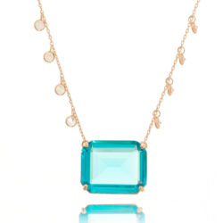 Colar Ouro Rose 8 Zirconias Corrente Pingente Grande Agua Marinha Joias Luxo