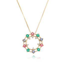 Colar Mandala Cristais Coloridos Banho De Ouro 18K Semijoia