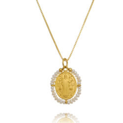 Medalha Exclusiva De São Bento E Perolas Barrocas Shell Banho Ouro