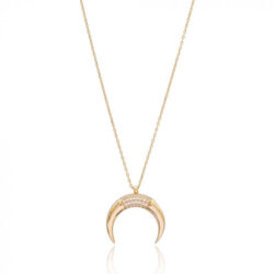 Colar Meia Lua Ou Chifre Italiano Cravejado Prata 925 Banho Ouro 18K