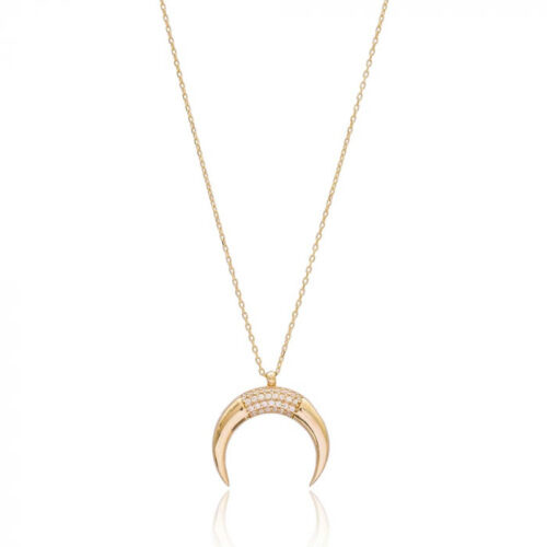 Colar Meia Lua Ou Chifre Italiano Cravejado Prata 925 Banho Ouro 18K