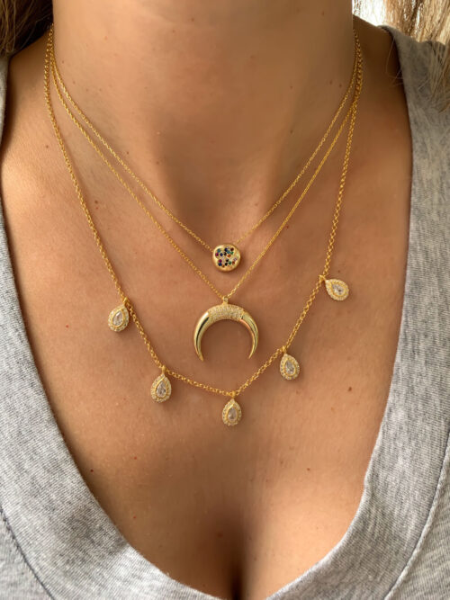 Colar Meia Lua Ou Chifre Italiano Cravejado Prata 925 Banho Ouro 18K - Image 2