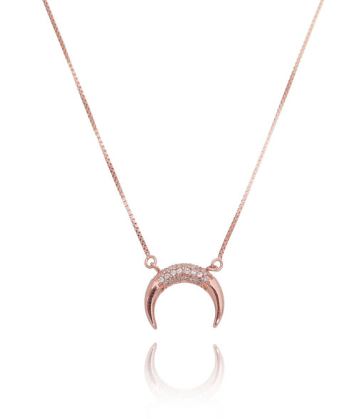 Colar Mini Meia Lua Ou Chifre Italiano Cravejado Prata 925 Rosé