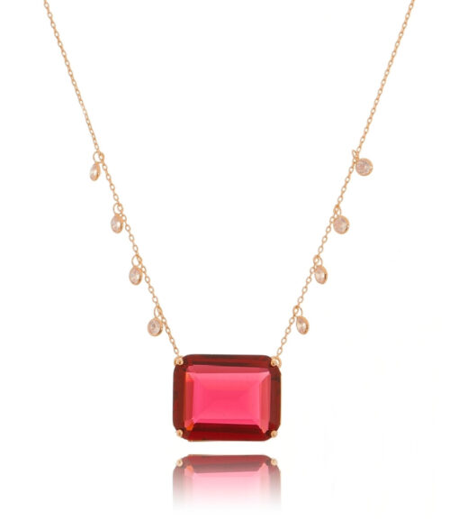 Colar Pedra Grande Retangular Rubelita Em Ouro Rose Semi Joia Luxo