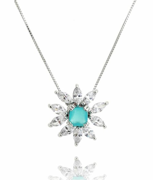 Colar Flor Ródio Com Zirconia Turmalina Semi Joias Finas