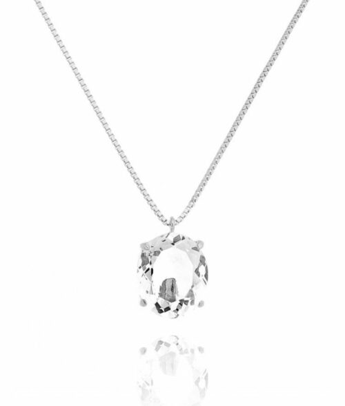 Colar Com Pingente Oval Zirconia Cristal Prata Semi Joia