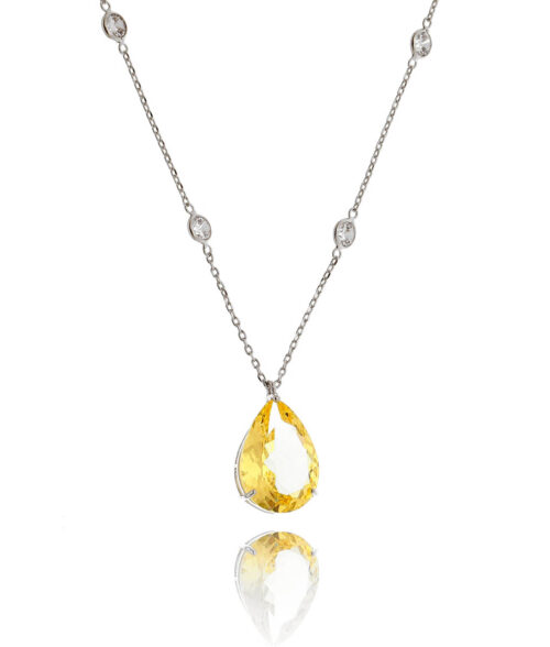 Colar Longo Gota Grande Citrino Amarelo Semi Joia Corrente Tiffany Rodio