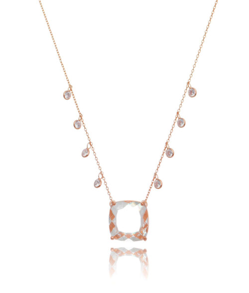 Colar Rosé Quadrado Cristal Corrente Zirconias Penduradas Joia Luxo