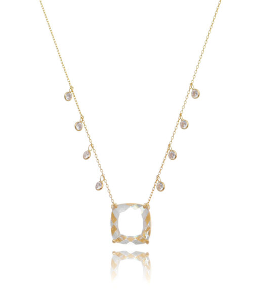 Colar Dourado Quadrado Cristal Corrente Zirconias Penduradas Joia Luxo