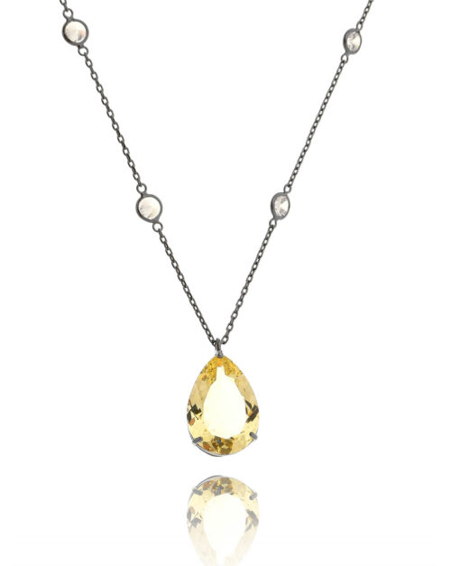 Colar De Gota Citrino Amarelo Longo Corrente Tiffany Rodio Negro Semijoia