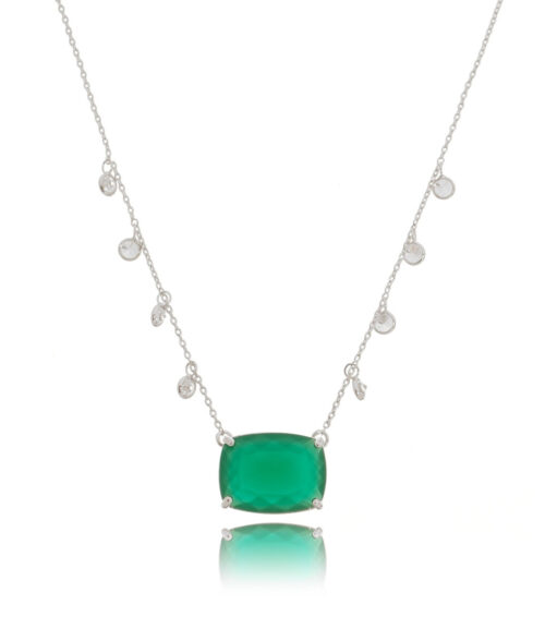 Colar Semijoia De Luxo Pingente Esmeralda Leitosa Corrente 8 Zirconias Rodio